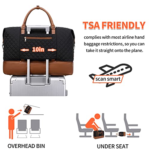 Weekender Bag, Large Travel Duffel Bag for Women, Carry on Overnight Bag with Shoe Compartment and Toiletry Bags - color: Black-Brown