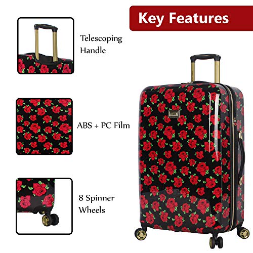 Betsey Johnson 26 Inch Checked Luggage Collection - Expandable Scratch Resistant (ABS + PC) Hardside Suitcase - Designer Lightweight Bag with 8-Rolling Spinner Wheels (Covered Roses) - color: Covered Roses