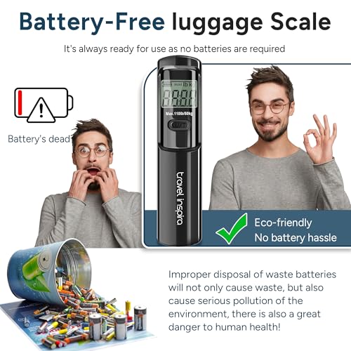 Battery-Free Luggage Scale – No Batteries Needed, Portable Digital Hanging Suitcase Weight Scale for Air Travel & Checked Bags, 110lb/50kg, LCD Display, Compact Travel Accessory - color: Black