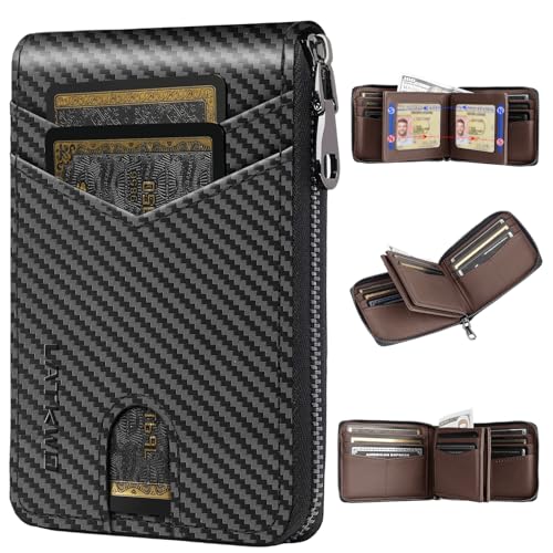 Men’s RFID Blocking Zipper Large Dimensions Wallet with 2 ID Windows - Large Capacity Design, 13 Credit Card Slots - color: Brown