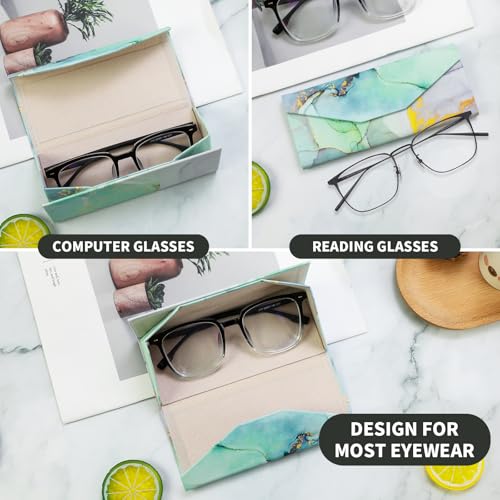 Foldable Glasses Case, Magnetic PU Leahter Sunglasses Case, Cute Hard Shell Folding Eyeglass Cases for Women Kids - color: Green+gold Marble