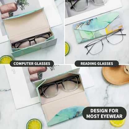 Foldable Glasses Case, Magnetic PU Leahter Sunglasses Case, Cute Hard Shell Folding Eyeglass Cases for Women Kids - color: Green+gold Marble