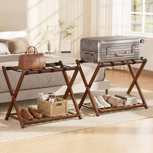 Fully Assembled Foldable Bamboo Luggage Rack for Guest Room - color: Walnut, size: 2 Pack