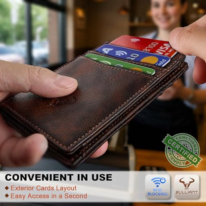 BULLIANT Slim Leather Wallet For Men 12Cards Magnetic Closure RFID Blocking - color: Forest Brown8784