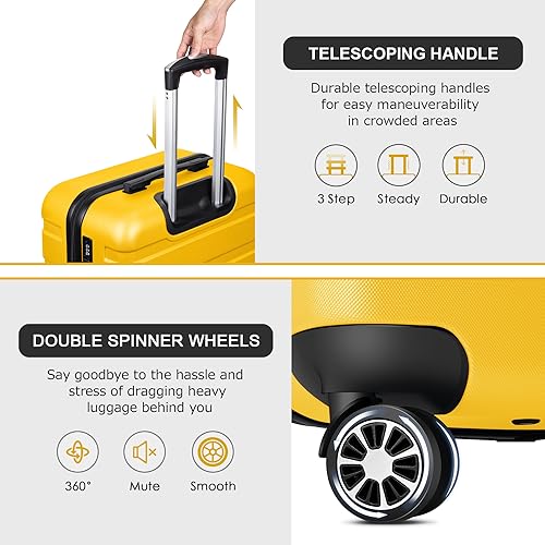 Luggage Sets Hardside Lightweight Suitcase with Spinner Wheels TSA Lock, 3-Piece Set (20/24/28) - color: Yellow