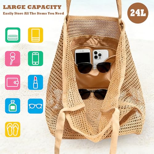Women's Large Mesh Beach Bag Tote–Waterproof Sandproof Foldable with Zipper Pockets for Summer Travel & Vacation - color: Beige