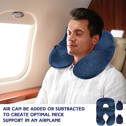 Xtinmee 2Pcs Self-Inflatable Pillow Soft Airplane Travel Pillow with Compact Bag for Long Flight Neck Cushion for Head Support Car Home Office 12.2x11.81x5.91in(Navy Blue) - color: Navy Blue