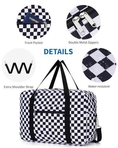 Narwey Personal Item Travel Bag, Carry on Foldable Duffle Bag for Women Men - color: ZCB-Black Checkerboard