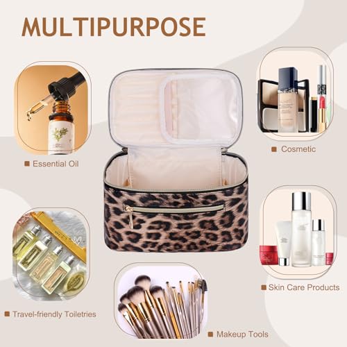 FITINI Travel Leopard Makeup Bag Cosmetic Bag with Zipper,Large Capacity Waterproof Toiletry Organizer Bag for Women Purse With Handle Zipper Brush Pouch - color: Leopard