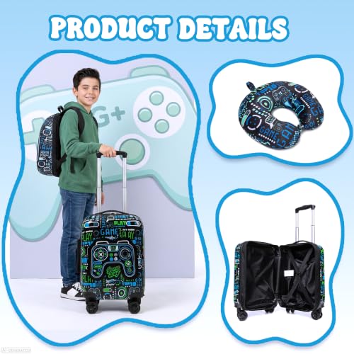 4 Piece Kid's Luggage Set 16" Hardside Luggage with Spinner Wheels Boys Carry on Toddler Travel Rolling Suitcase Airline Approved - color: Black Game Controller