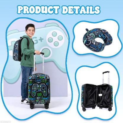 4 Piece Kid's Luggage Set 16" Hardside Luggage with Spinner Wheels Boys Carry on Toddler Travel Rolling Suitcase Airline Approved - color: Black Game Controller
