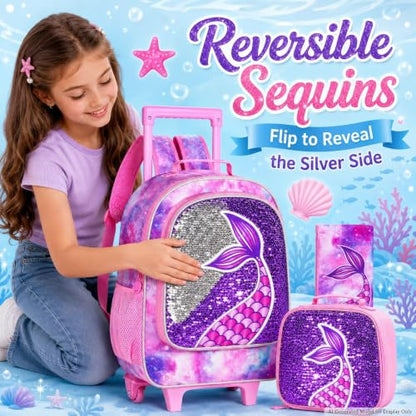 gxtvo Kids Rolling Backpack, Roller Wheels Boys Bookbag, Wheeled Suitcase Elementary School Bag-3PCS Dinosaur/Unicorn/Mermaid - color: Mermaid Pink