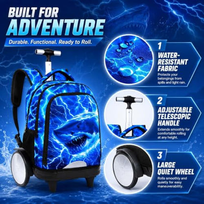 20 Inches Large Wheels Rolling Backpack for Boys with Detachable, 3Pcs Kids Lightning Shark Wheeled Backpack Set for Elementary School (Blue) - color: Lightning Shark (Large Wheels)