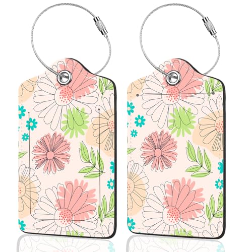 2Pack Luggage Tags for Suitcases, Cute Unique Pu Leather Cruise Luggage Tag with Privacy Cover ID Label Address Card and Metal Ring Suitable for Women Men Kids Travel Bag Pink Line Flower - color: Pink Line Flower
