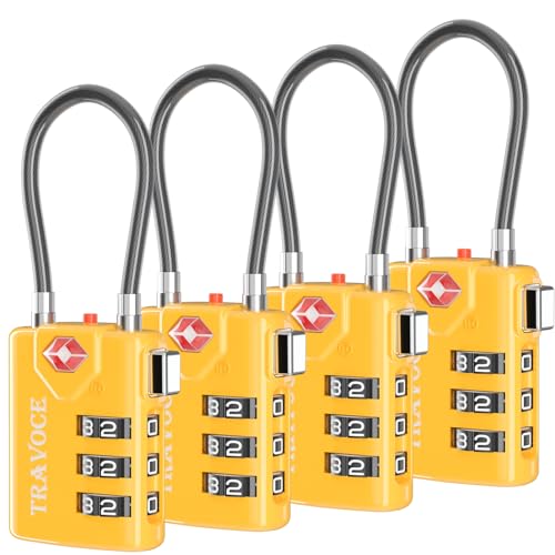 TSA Approved Luggage Locks, Combination Cable Locks, 4 Pack, Yellow | Search Alert shows TSA key access; resettable 3-digit code and flexible braided steel cable for suitcases and backpacks. - color: Yellow 4 Pack