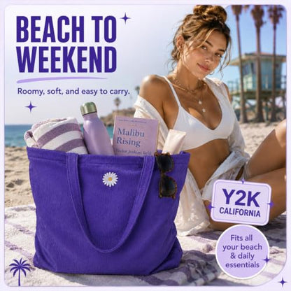 CYD Summer Beach Bag for Women, Lightweight Soft Tote with Shoulder Strap, Foldable Packable Pool Carryall with Dual Pockets - color: Midnight Black + Lavender Purple