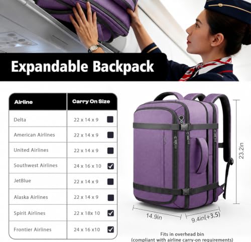 Travelability Expandable Carry On Backpack 1-7 DAYS Roomy Capacity - color: Purple, size: 18.4inch - 23.2"x14.9"x9.4"(+3.5")