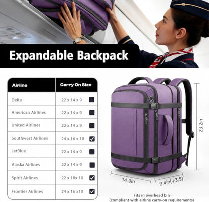 Travelability Expandable Carry On Backpack 1-7 DAYS Roomy Capacity - color: Purple, size: 18.4inch - 23.2"x14.9"x9.4"(+3.5")