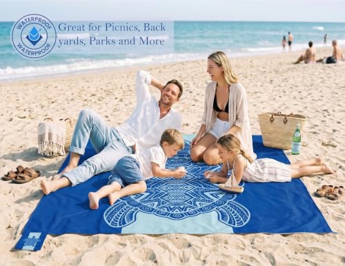 Beach Blanket Waterproof Sandproof with Stakes,Sand Pockets and Carry bag - color: Blue Seaturtle