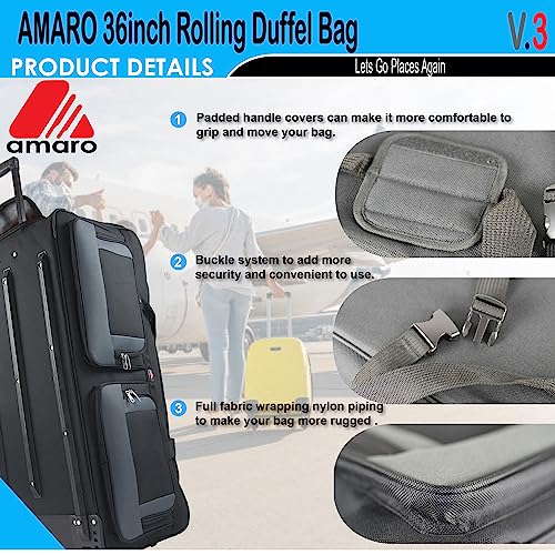 AMARO 36 Inch Rolling Duffle Bag with Wheels, Extra Large Heavy Duty Travel Duffel Luggage with Telescopic Handle, Multiple Pockets, Collapsible Storage, Black/Grey - size: X-Large