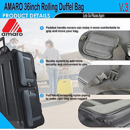 AMARO 36 Inch Rolling Duffle Bag with Wheels, Extra Large Heavy Duty Travel Duffel Luggage with Telescopic Handle, Multiple Pockets, Collapsible Storage, Black/Grey - size: X-Large