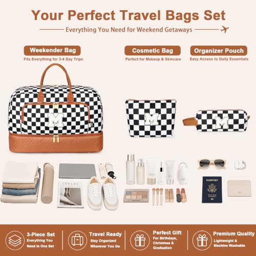 TIBES Gift for Her, Weekender Bag for Women Initial Travel Duffle Bag - color: Black & White Checkerboard, style: M