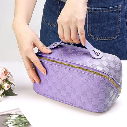 ALEXTINA Travel Makeup Bag, PU Leather Cosmetic Bag, Purple - color: checkered purple, size: Medium