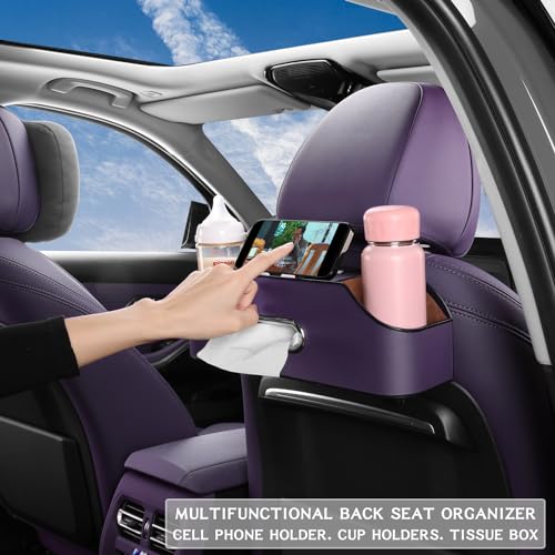 Car Seat Back Organizer with Cup Holders, Tissue Box & Hooks, Purple - color: Purple