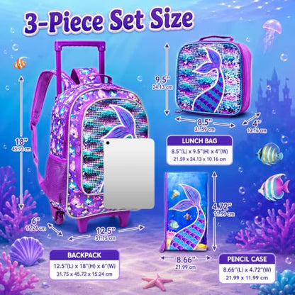 AGSDON 3PCS Rolling Backpack for Girls Boys, Kids Roller Wheels Bookbag, Wheeled School Bag with Lunch Bag - color: Mermaid Upgrade 2