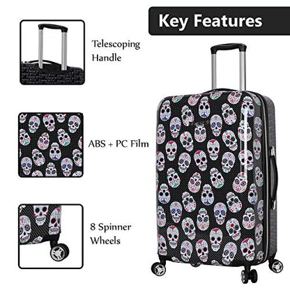 Betsey Johnson 30 Inch Checked Luggage Collection - Expandable Scratch Resistant (ABS + PC) Hardside Suitcase - Designer Lightweight Bag with 8-Rolling Spinner Wheels - color: Skull Party