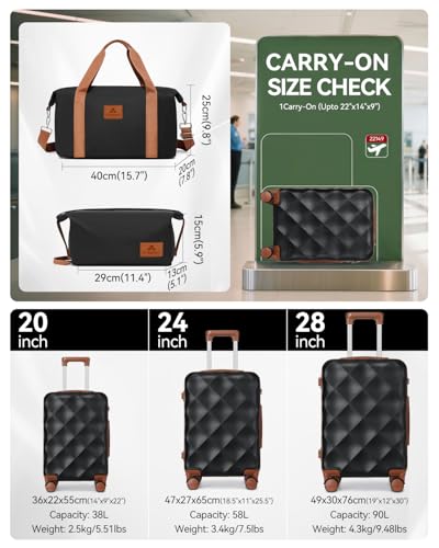 Somago Luggage Sets 5 Piece Hardside 20"/24"/28" with Duffle Toiletry Pouch - color: Black, size: 5 Piece Set