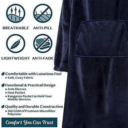 PAVILIA Fleece Blanket with Sleeves, Foot Pockets for Women Men, Navy Blue - color: Navy, size: Fleece