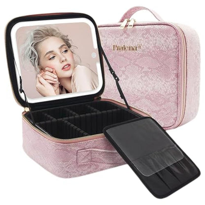 Travel Makeup Bag with LED Mirror, Lighted Cosmetic Case, Pink - color: Pink