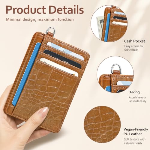 Coco Rossi Crocodile Wallet Women Slim Credit Card Holder with Keychain - color: A Brown Croc