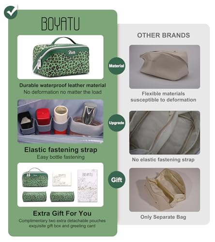 BOYATU Travel Makeup Bag Organizer: 3 Pcs Leopard Cometic Bag Set for Women - color: A-Leopard-Green