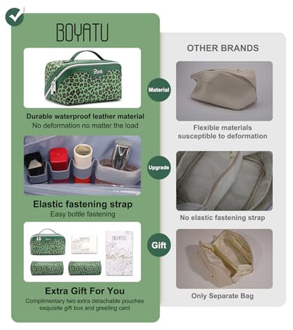 BOYATU Travel Makeup Bag Organizer: 3 Pcs Leopard Cometic Bag Set for Women - color: A-Leopard-Green
