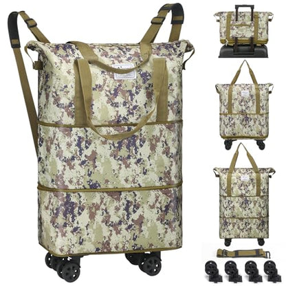 Duffel Bag with Wheels - Rolling Foldable Expandable Duffle Bag with Wheels for Travel, Rolling Luggage Carry On Bag with Wheels, Large Rolling Backpack Weekend Bags for Men Women (Camouflage) - color: Camouflage