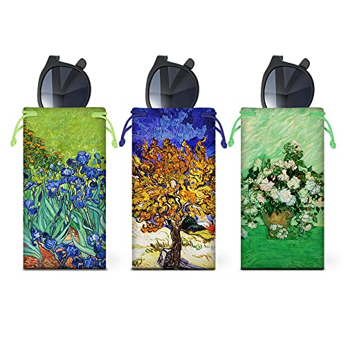 WIRESTER Set of 3 Polyester Sunglasses Pouch, Eyeglasses Soft Case with Drawstring Closure - color: Mulberry, Irises, Vase With Pink Roses Van Gogh