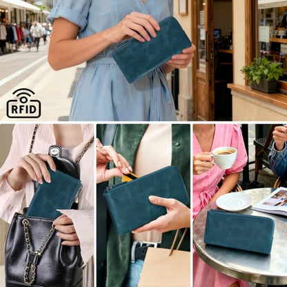 VISOUL Long Zipper Cash Wallet for Women with Removable Credit Card Holder Genuine Soft Leather-Blue - color: Blue