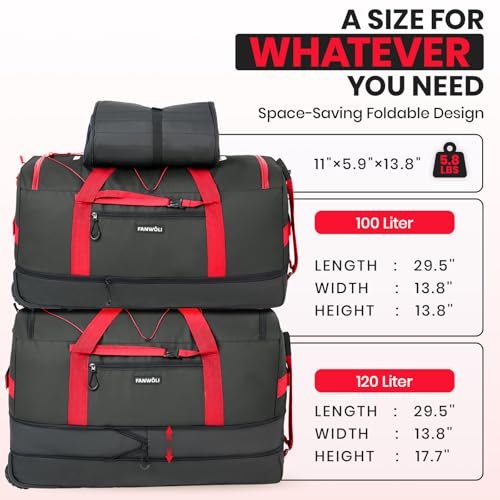 Fanwoli 120L Rolling Duffle Bag with Wheels, Foldable Travel Duffel - color: Red