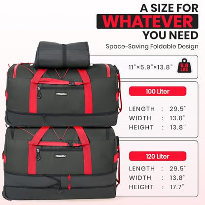 Fanwoli 120L Rolling Duffle Bag with Wheels, Foldable Travel Duffel - color: Red