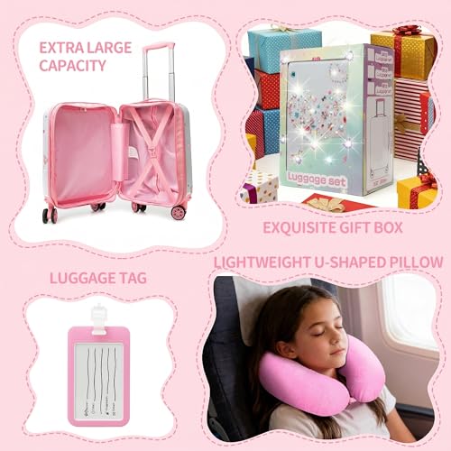 Kids Luggage Sets 2 Piece Pink Rolling Suitcases for Girls with Wheel Shardshell 16" Travel Suitcase with 10 Sheets Gem Stickers - color: A Pink