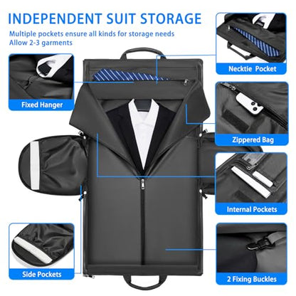 Leather Garment Bag，Convertible Garment Duffel Bag for Travel Mens Suit Bag 2 in 1 Waterproof Foldable Carry on Garment Bag with Shoulder Strap Weekender Bag with Shoe Pouch - color: PU-Black