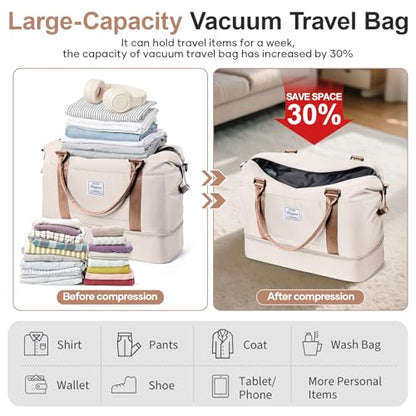 Weekender Bags for Women, Personal Item Travel Bag with Shoes Compartment - color: A-Beige & Brown with Air Pump, size: Large