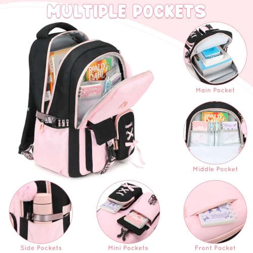 3PCS Backpack for Girls, Girls Backpack for School with Lunch Box Pencil Case, Cute Kids Teens Bookbag for Kindergarten Elementary Preschool Middle School Black Pink - color: Black Pink