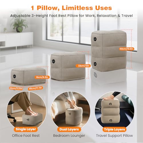 Inflatable Foot Rest Pillow for Travel, Adjustable 3 Height, 2Pcs | Leg Rest Pillow for Air Travel, Airplane Office Homes, with Earplugs and Eye Masks, Gray - size: 2 pieces