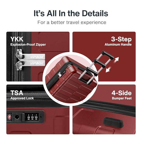 Vipbox Suitcase Set 3-Piece Hardside PC Suitcase with Wheels, Wine Red - color: Wine Red, size: 3-Piece Set (20/24/28)