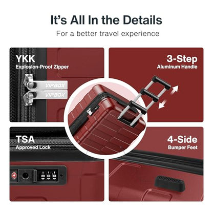 Vipbox Suitcase Set 3-Piece Hardside PC Suitcase with Wheels, Wine Red - color: Wine Red, size: 3-Piece Set (20/24/28)