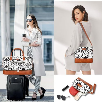ITIEZY Weekender Bag for Women 21.5" Travel Duffel Large Carry On Bag 3PCS - color: 5-Black Cow