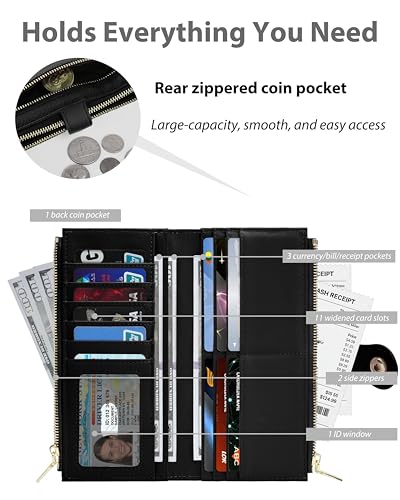 Black Women's Slim Wallet,Thin RFID Card Holder with Zipper Pocket - color: Black, size: Bifold